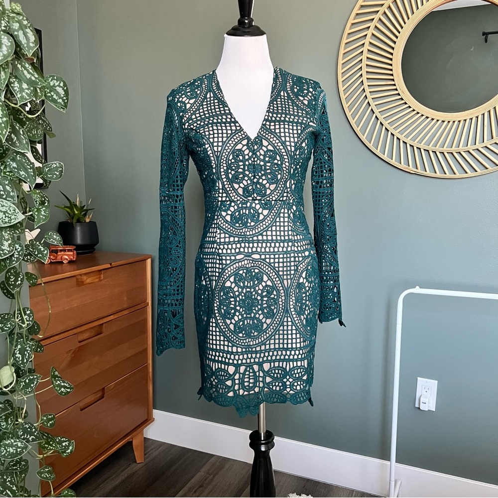 Long Sleeve Lace Crochet Cocktail Dress